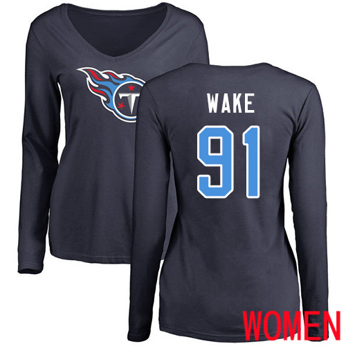 Tennessee Titans Navy Blue Women Cameron Wake Name and Number Logo NFL Football #91 Long Sleeve T Shirt->nfl t-shirts->Sports Accessory